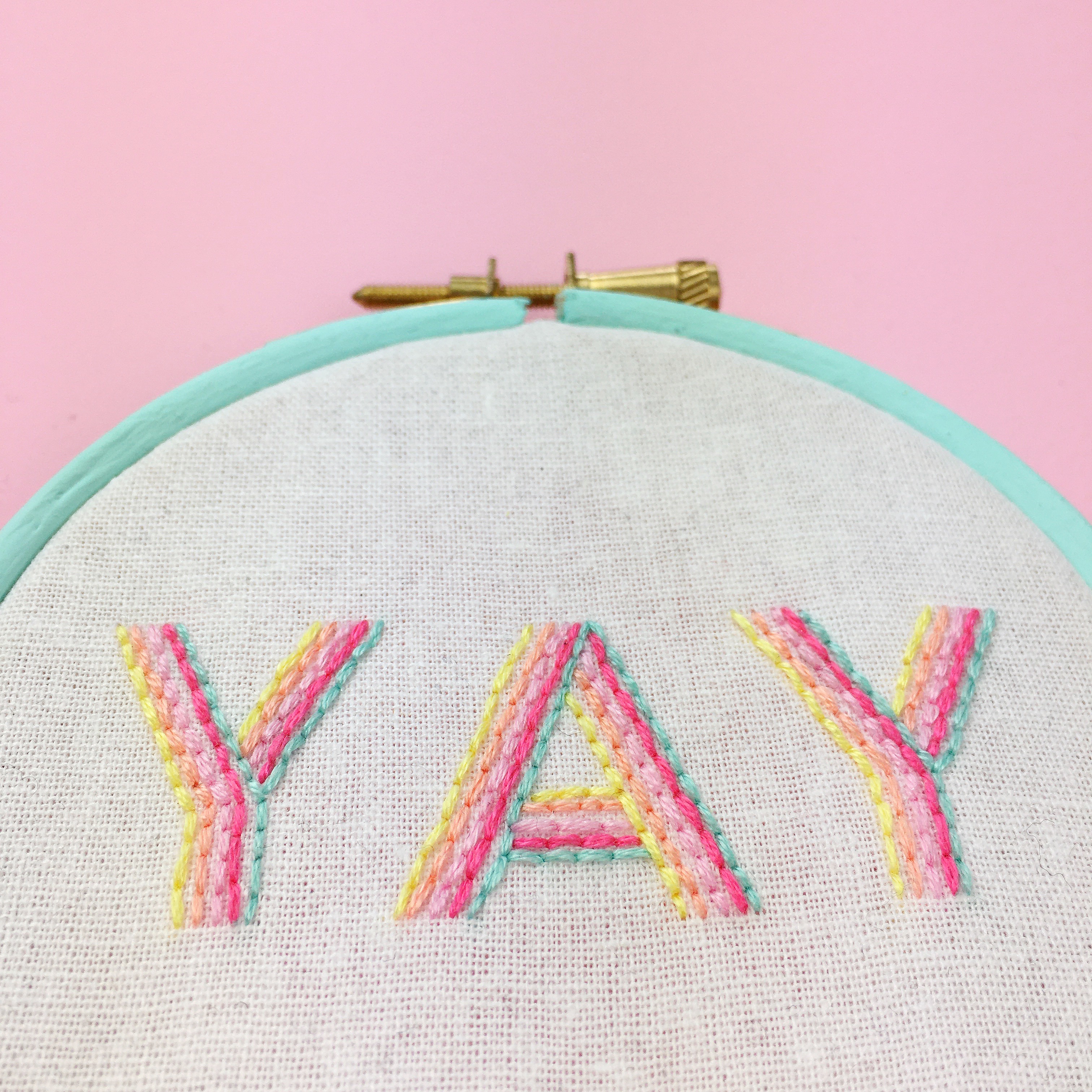 YAY embroidered hoop in pastels aqua | Hello! Hooray!