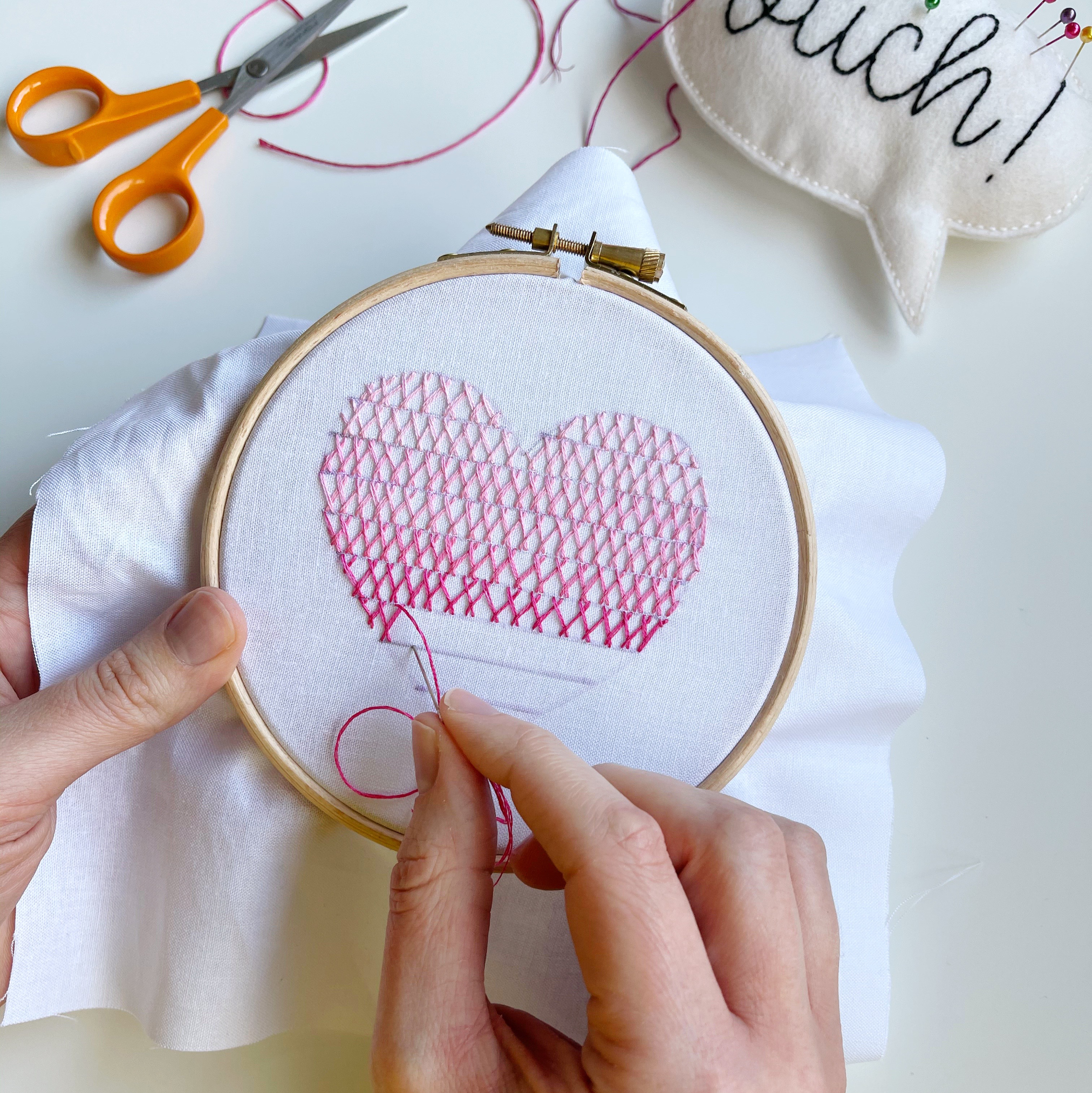 Herringbone stitch ombre heart hoop progress | Hello! Hooray!