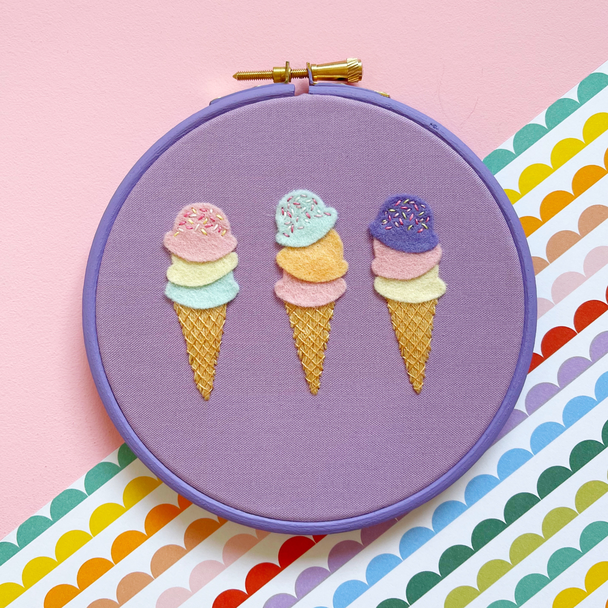 Love Embroidery ice cream hoop by Clare Albans