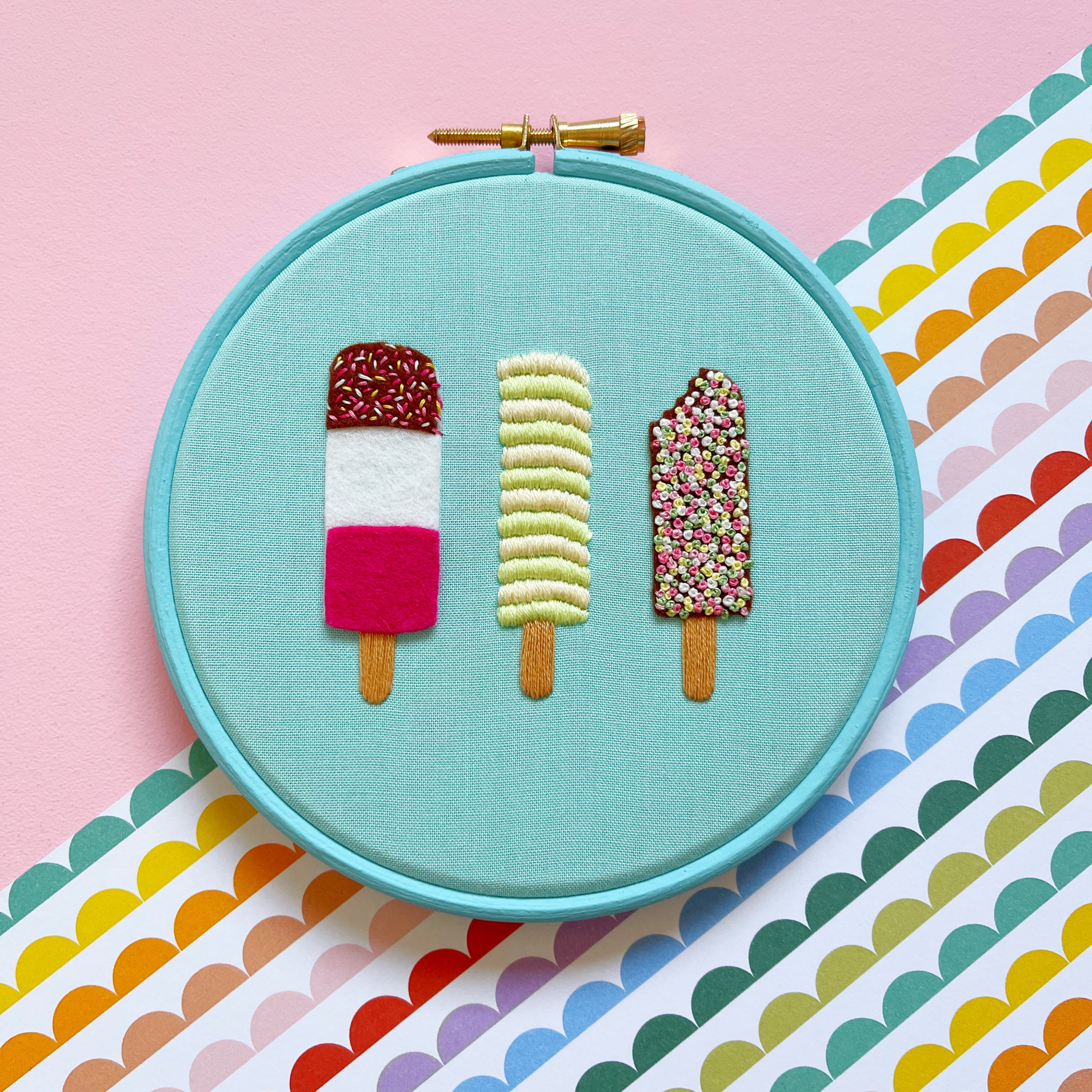 Love Embroidery ice lolly hoop by Clare Albans